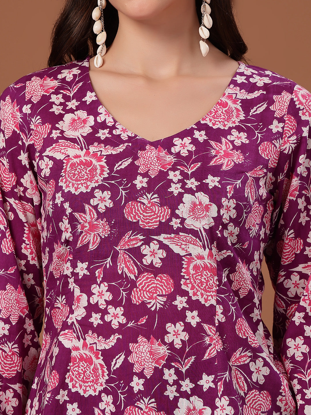 Women's Purple Floral Printed Cotton Straight Top