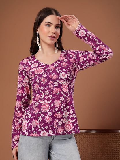 Women's Purple Floral Printed Cotton Straight Top