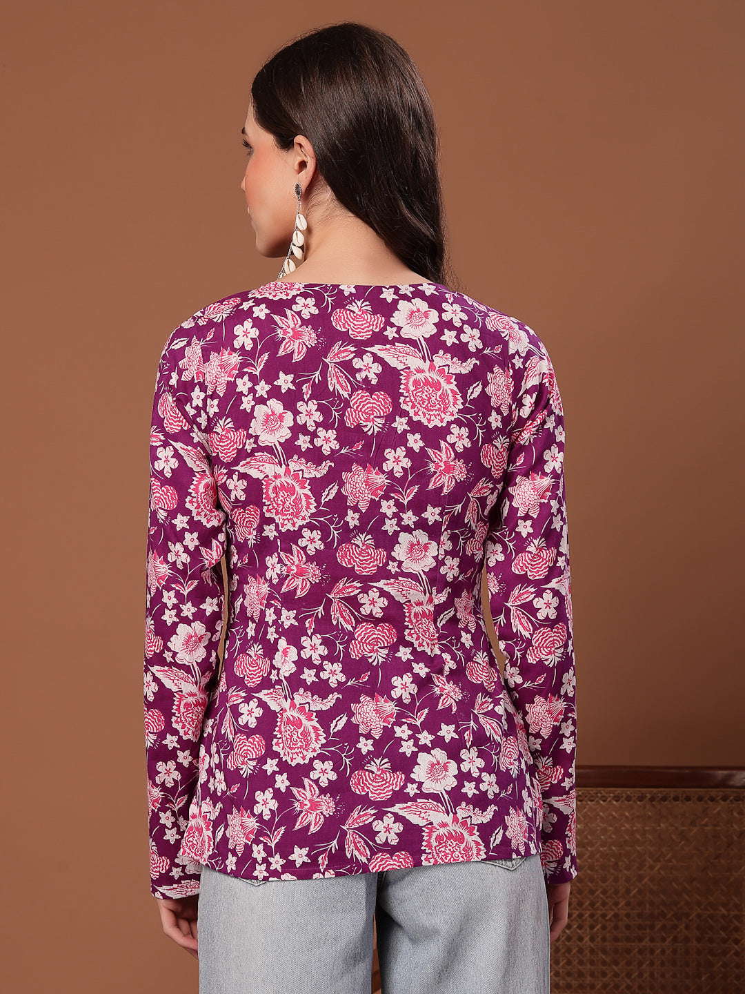 Women's Purple Floral Printed Cotton Straight Top