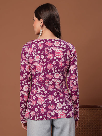 Women's Purple Floral Printed Cotton Straight Top