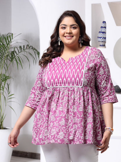 Plus Size Floral Printed Cotton Peplum Top (Pre-Order)