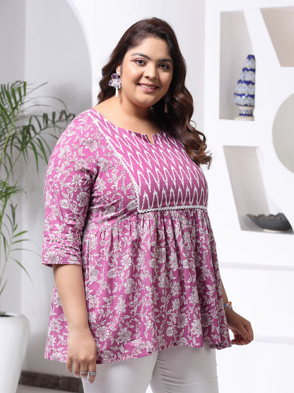 Plus Size Floral Printed Cotton Peplum Top (Pre-Order)