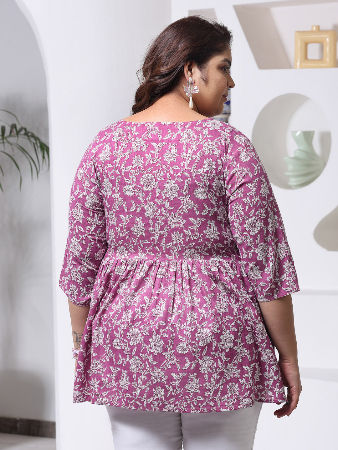 Plus Size Floral Printed Cotton Peplum Top (Pre-Order)
