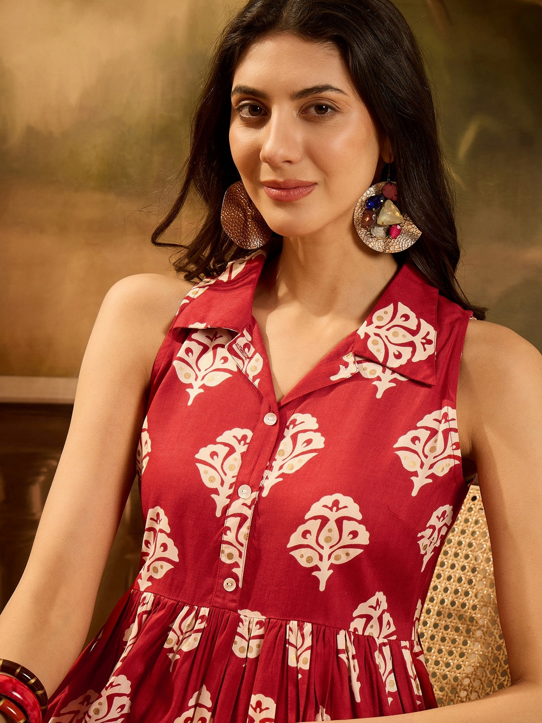 Red Ethnic Printed Rayon Peplum Top