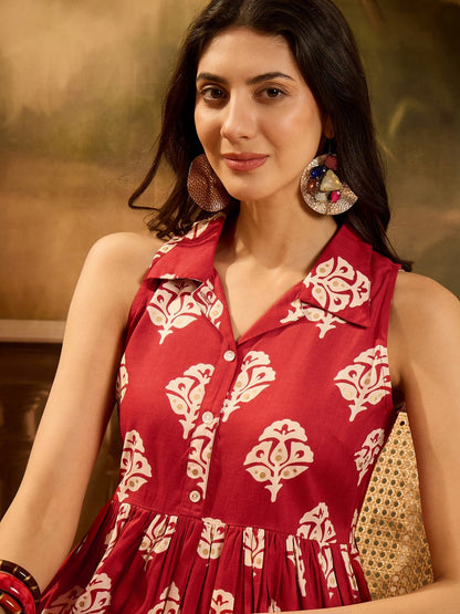 Red Ethnic Printed Rayon Peplum Top