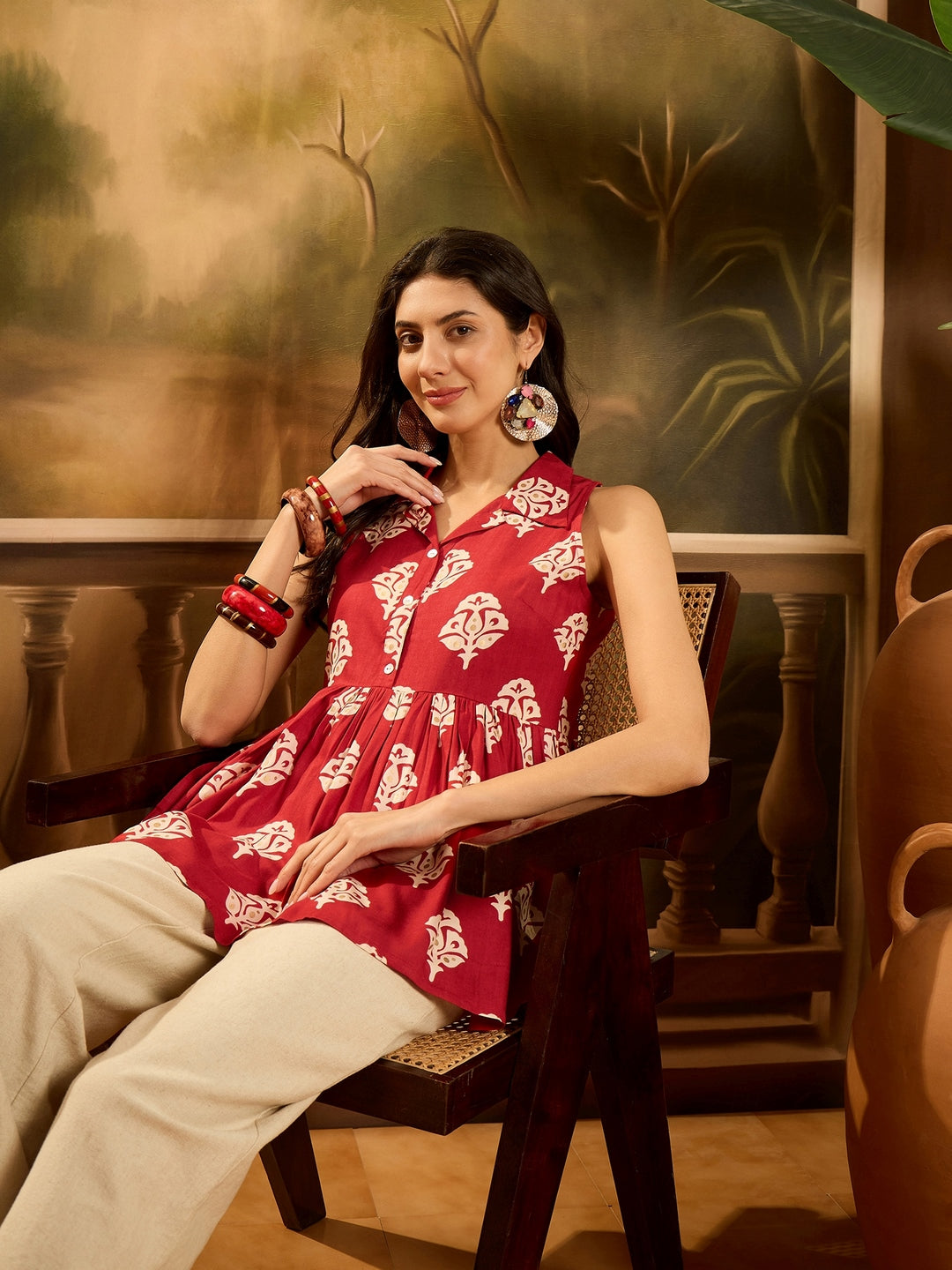 Red Ethnic Printed Rayon Peplum Top