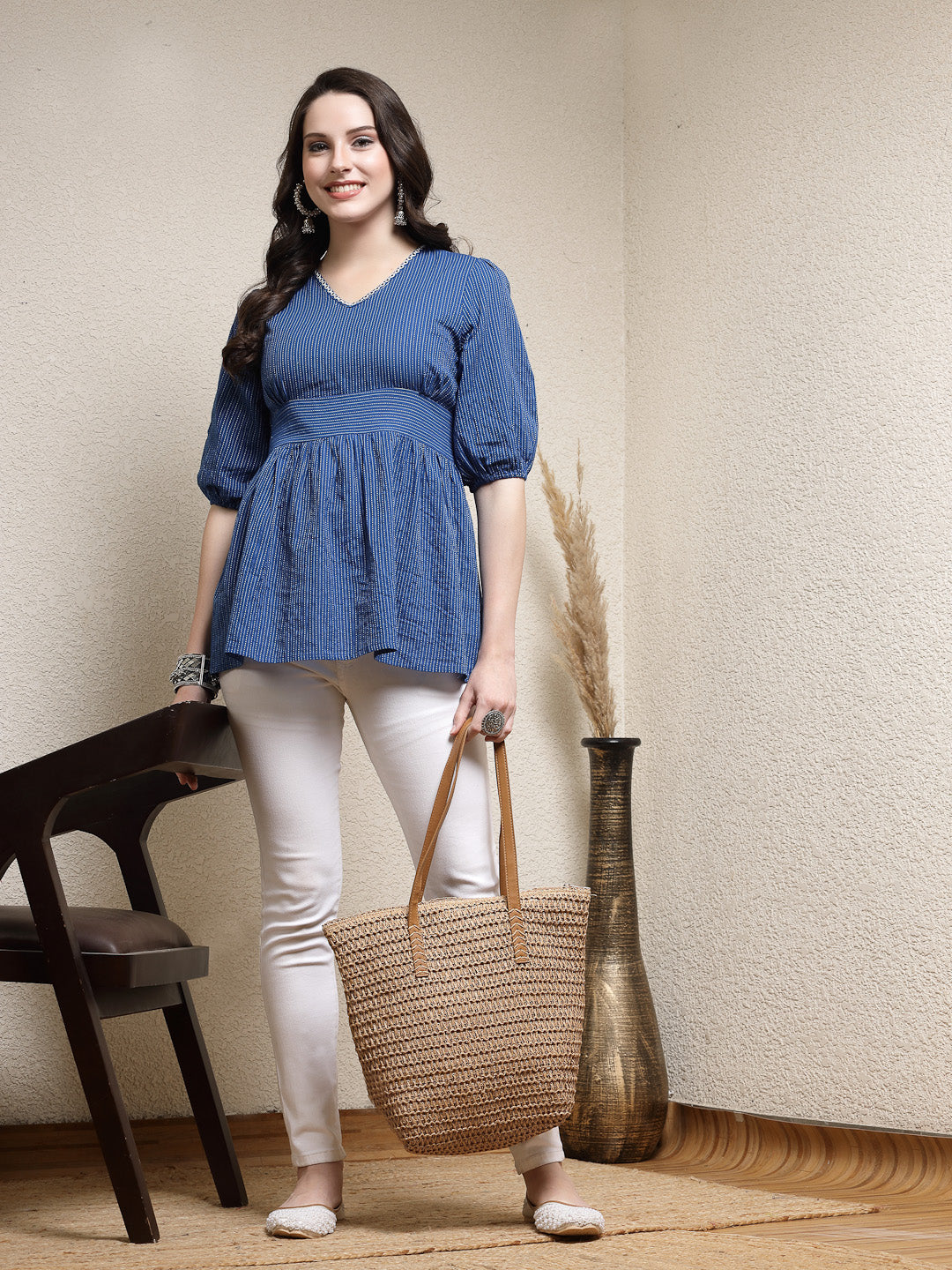Self Woven Kantha Cotton Peplum Top