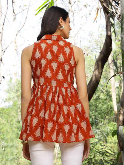 Rust Ethnic Printed Cotton Peplum Top