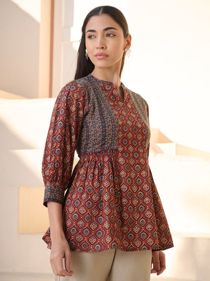Rust Ajrakh Printed Cotton Top