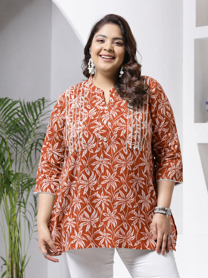 Size Rust Tropical Printed Cotton Empire Top