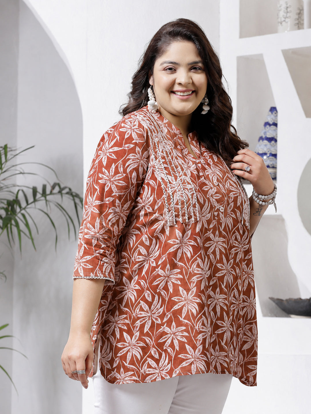 Size Rust Tropical Printed Cotton Empire Top