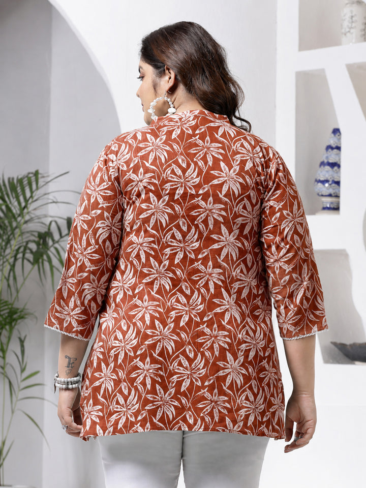 Size Rust Tropical Printed Cotton Empire Top