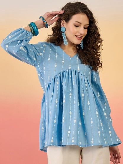 Sky Blue Woven Design Cotton Top (Pre-Order)