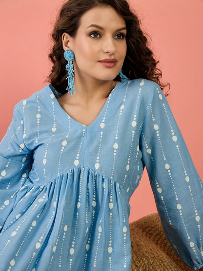 Sky Blue Woven Design Cotton Top