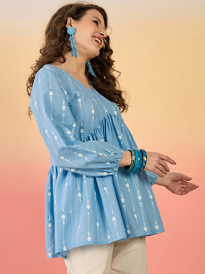 Sky Blue Woven Design Cotton Top (Pre-Order)
