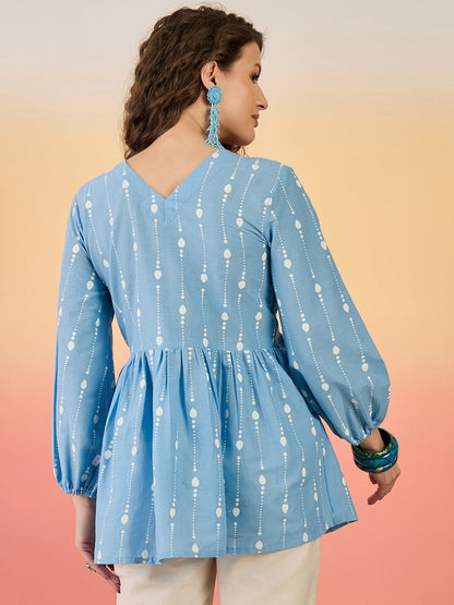 Sky Blue Woven Design Cotton Top (Pre-Order)