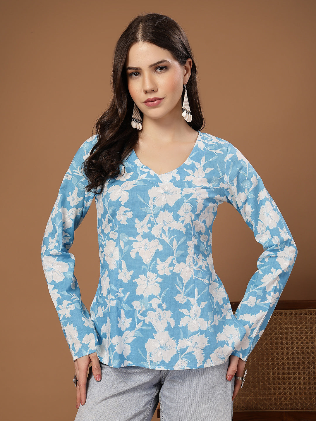 Women's Sky Blue Floral Printed Cotton Straight Top