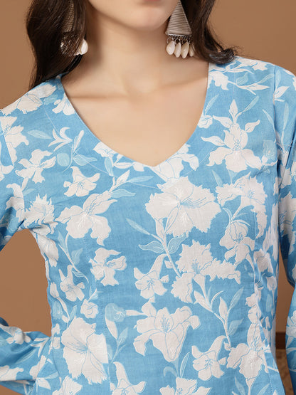 Women's Sky Blue Floral Printed Cotton Straight Top