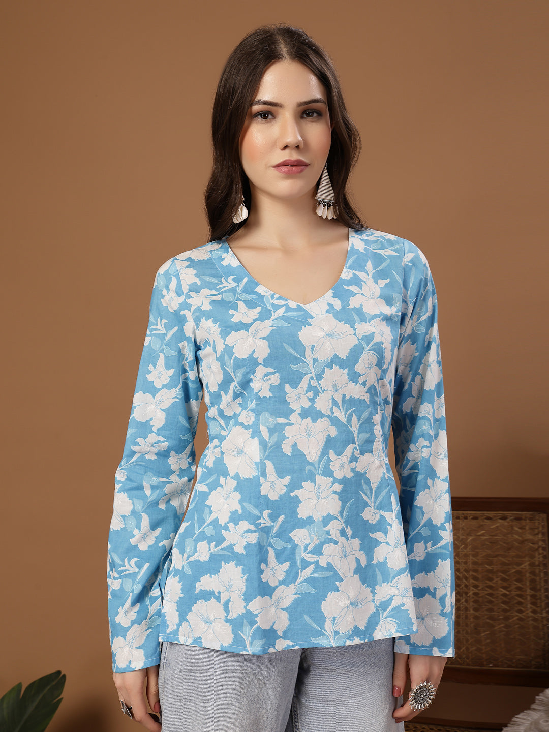 Women's Sky Blue Floral Printed Cotton Straight Top