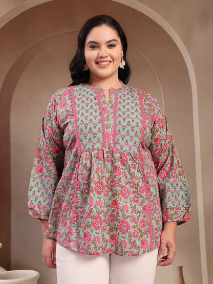 Plus Size Sky Blue Printed Cotton Top