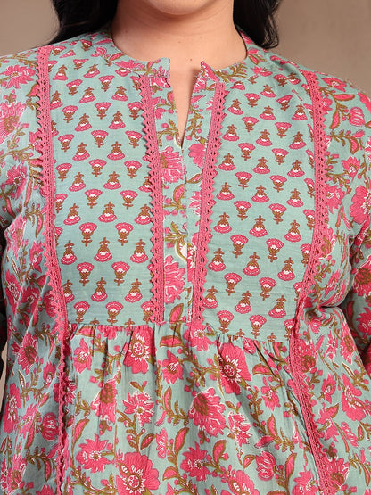 Plus Size Sky Blue Printed Cotton Top
