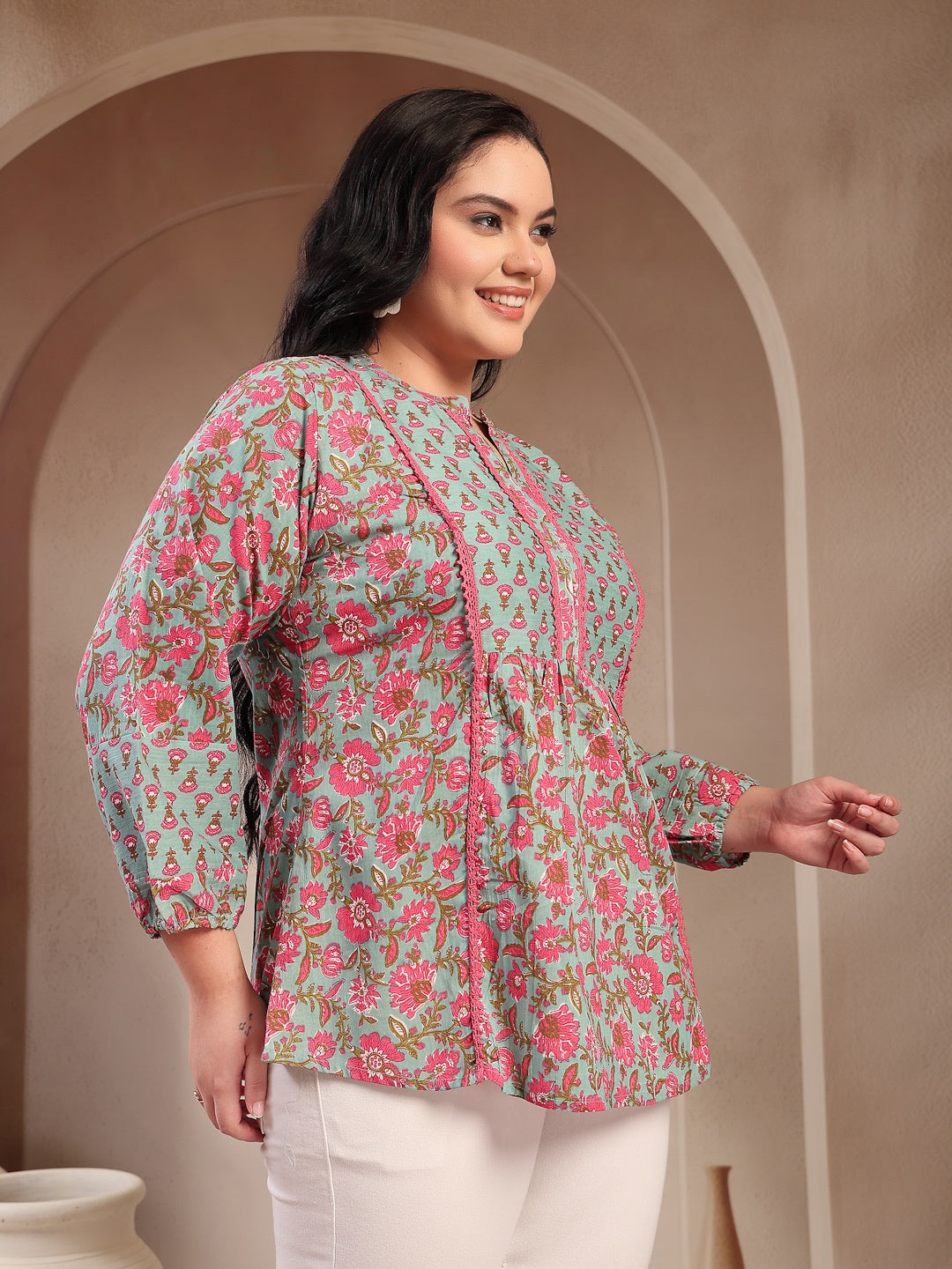 Plus Size Sky Blue Printed Cotton Top