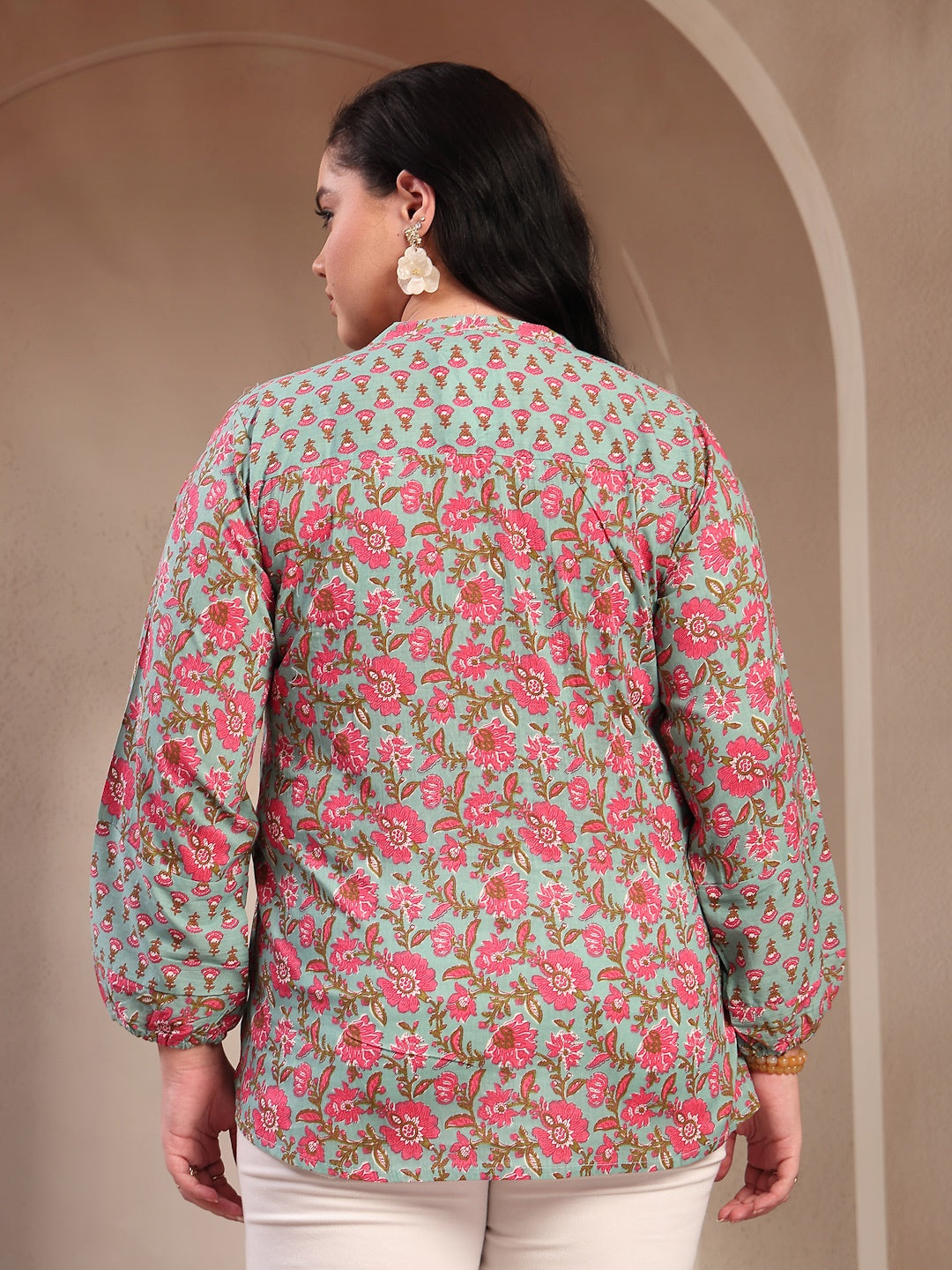 Plus Size Sky Blue Printed Cotton Top