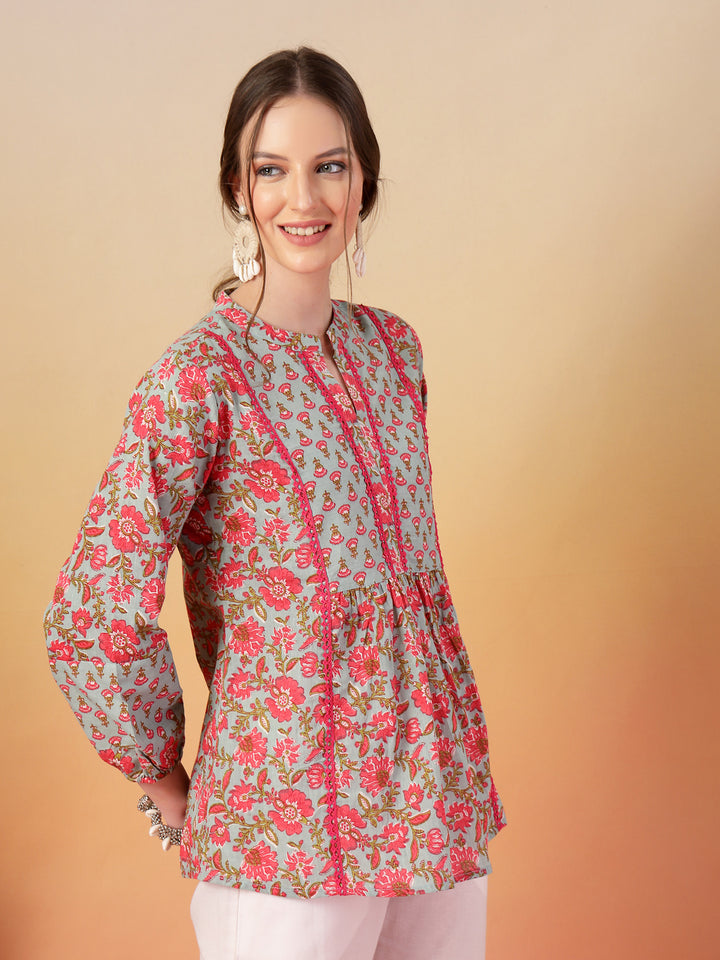 Sky Blue Printed Cotton Top