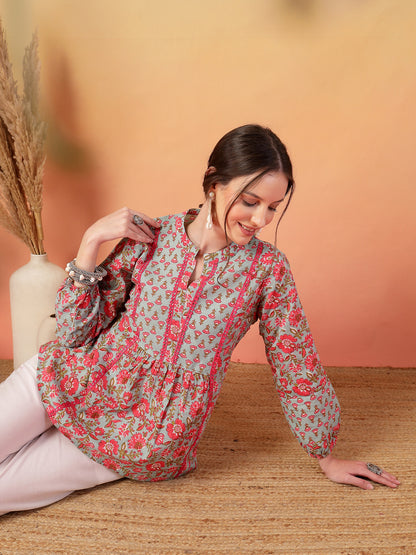 Sky Blue Printed Cotton Top