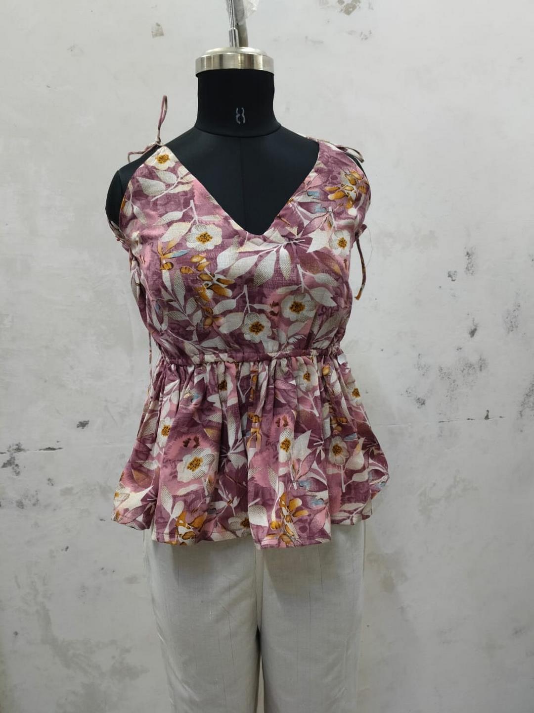 Brown Floral Printed Cotton Blend Short Peplum Top