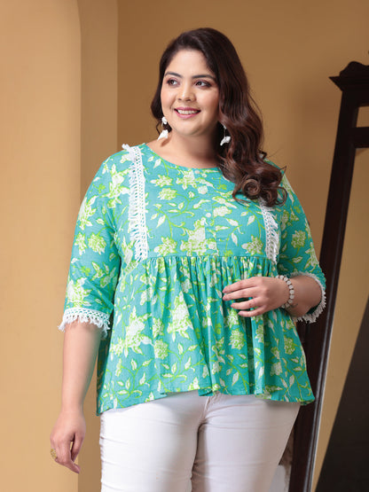 Plus Size Floral Printed Cotton Peplum Top