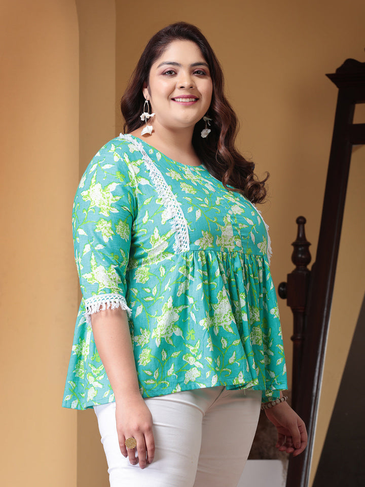 Plus Size Floral Printed Cotton Peplum Top