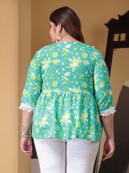 Plus Size Floral Printed Cotton Peplum Top (Pre-Order)