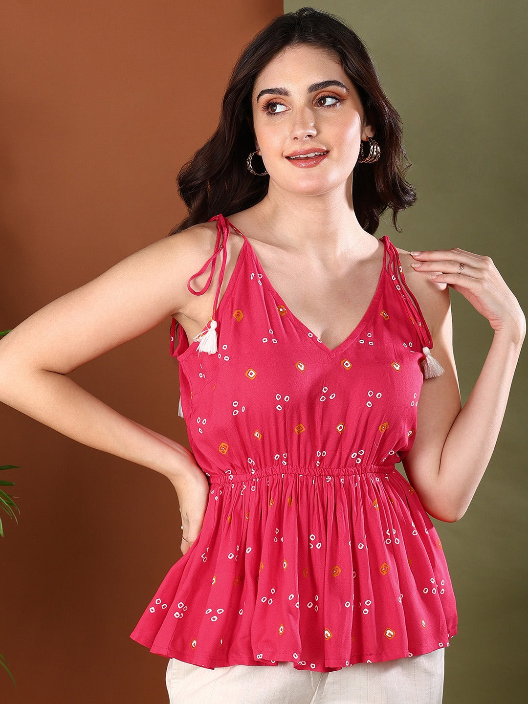 Coral Bandhej Printed Rayon Short Peplum Top