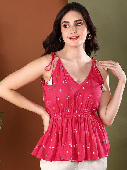 Coral Bandhej Printed Rayon Short Peplum Top