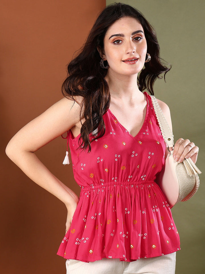 Coral Bandhej Printed Rayon Short Peplum Top