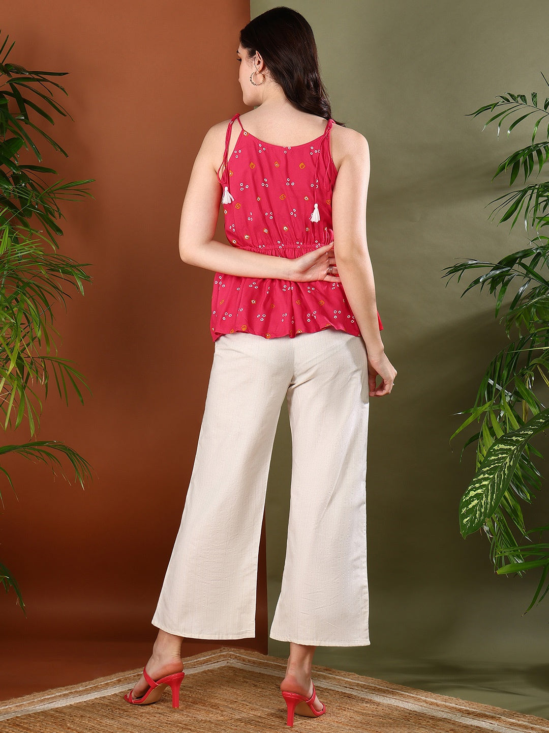 Coral Bandhej Printed Rayon Short Peplum Top