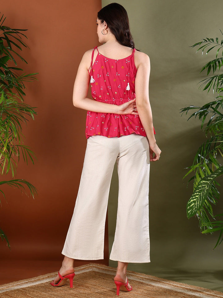Coral Bandhej Printed Rayon Short Peplum Top