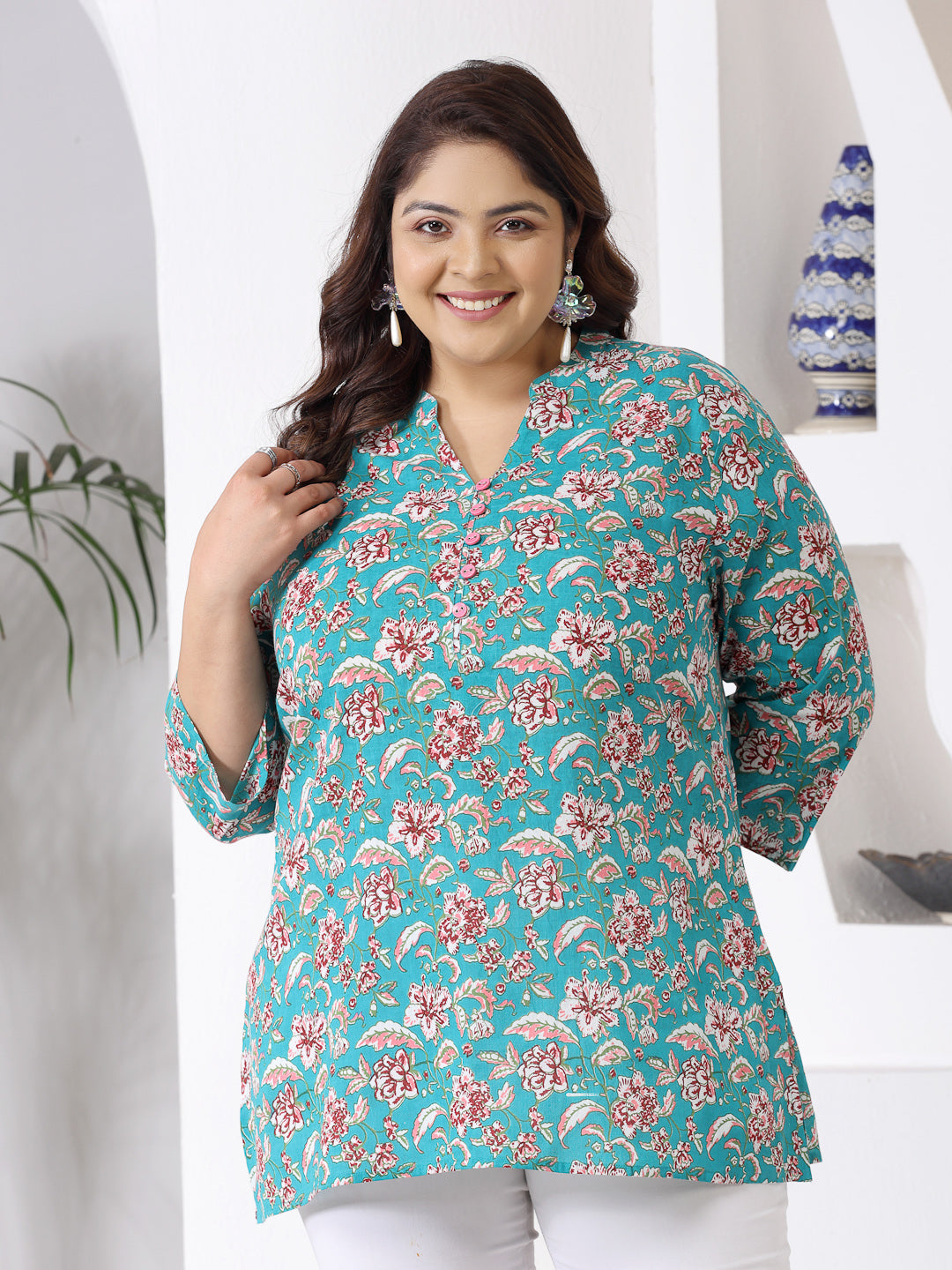 Plus Size Floral Printed Cotton Empire Top