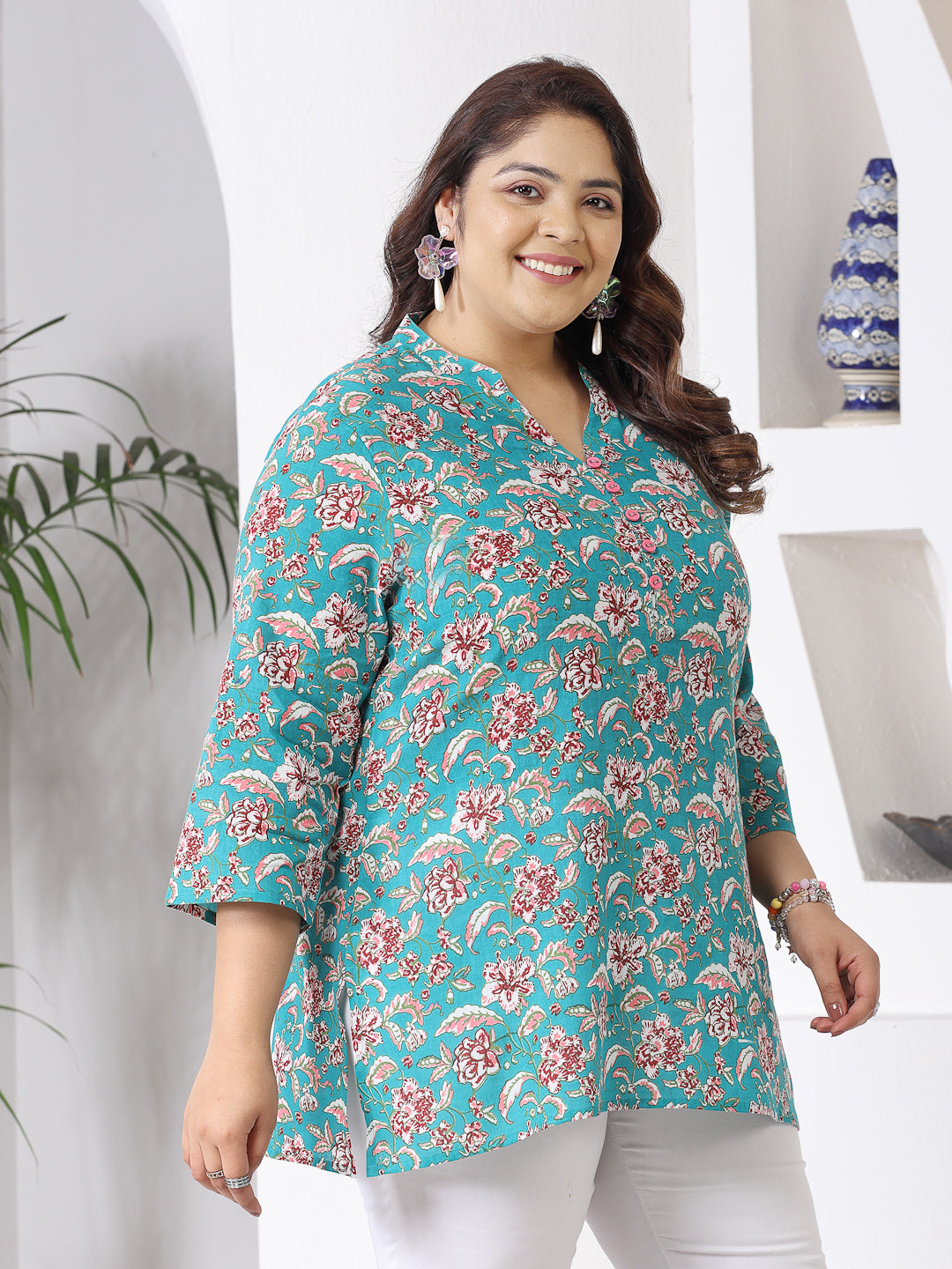 Plus Size Floral Printed Cotton Empire Top