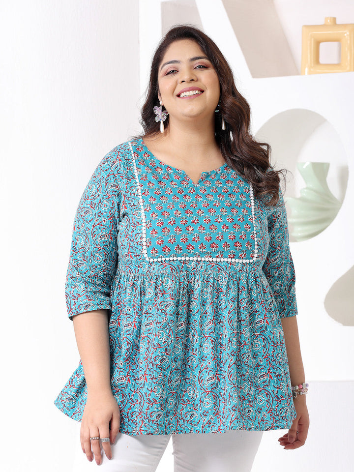 Plus Size Floral Printed Cotton Peplum Top