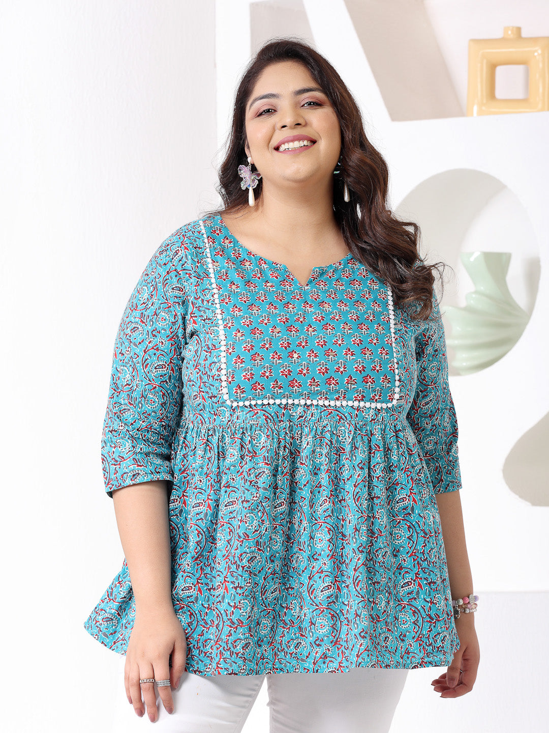 Plus Size Floral Printed Cotton Peplum Top (Pre-Order)