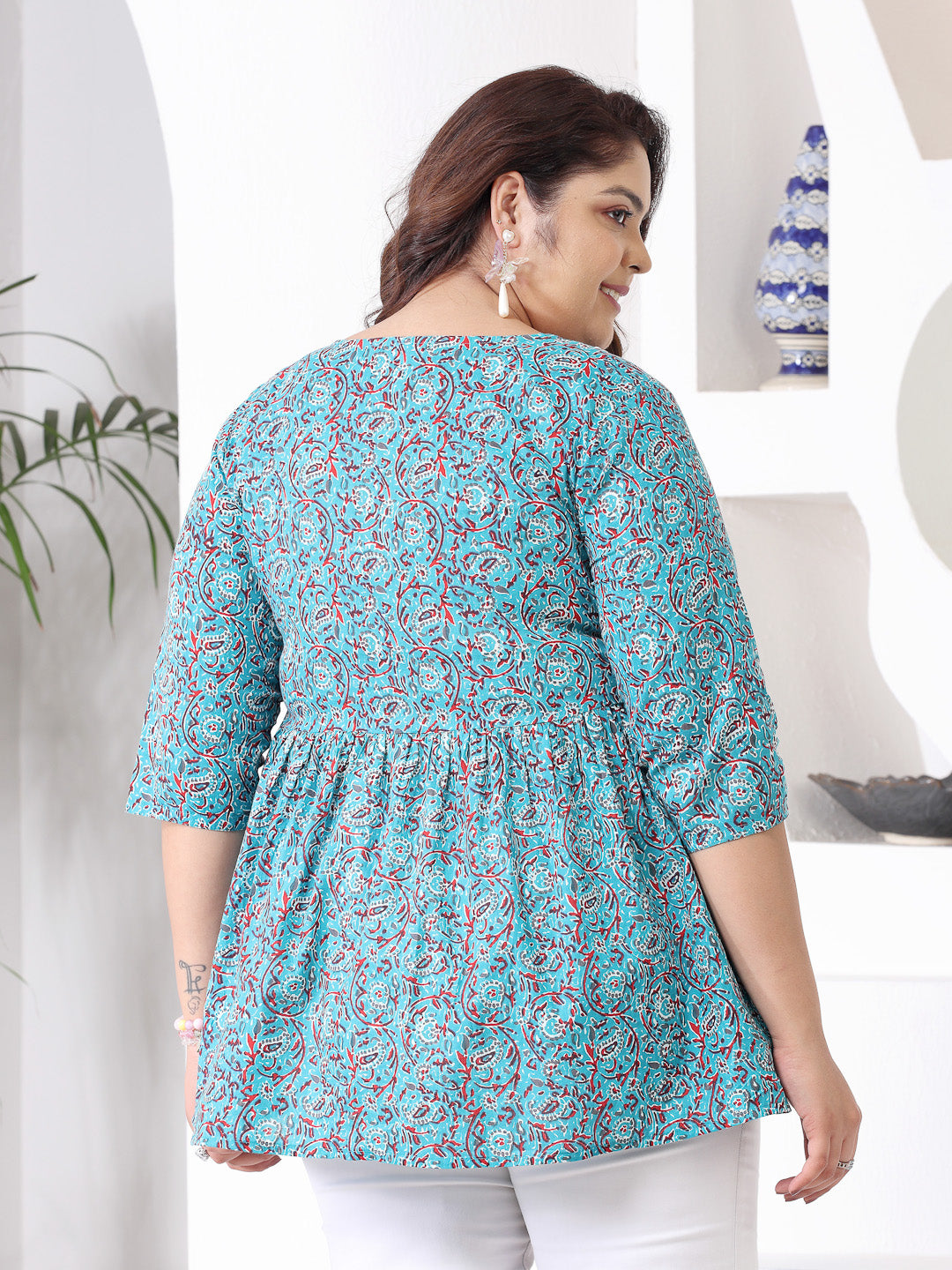 Plus Size Floral Printed Cotton Peplum Top