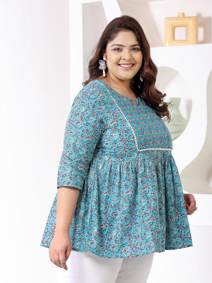 Plus Size Floral Printed Cotton Peplum Top
