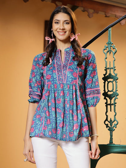 Stylum blue cotton printed top – wholesale supplier