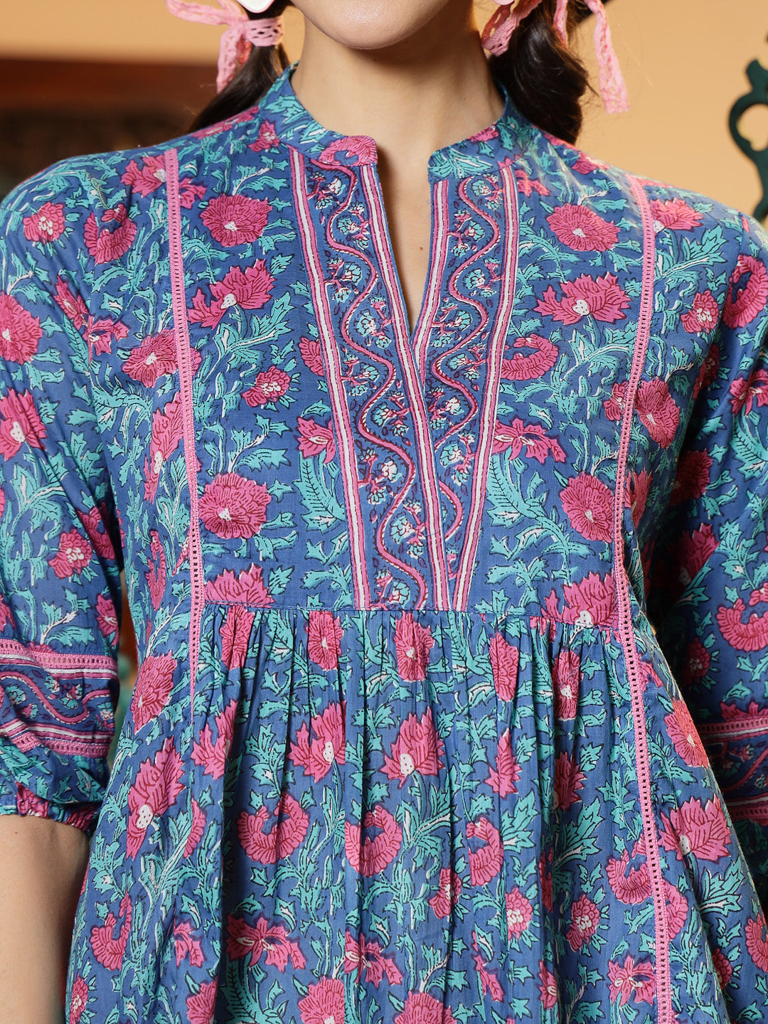 Turquoise Floral Printed Cotton Top