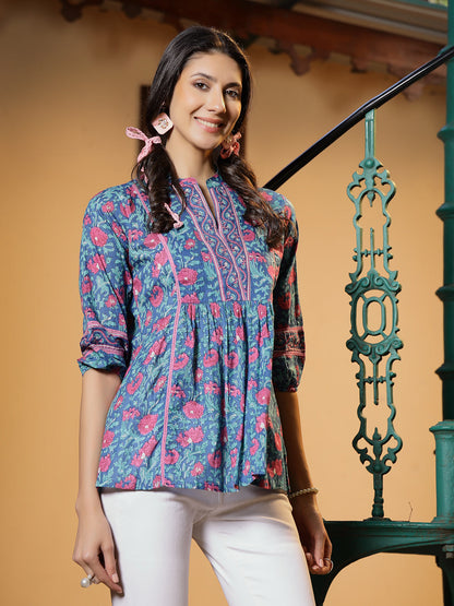 Turquoise Floral Printed Cotton Top (Pre-Order)