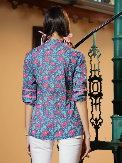 Turquoise Floral Printed Cotton Top
