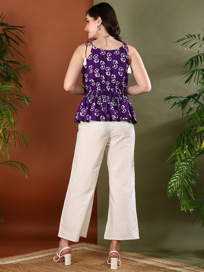 Violet Floral Printed Rayon Short Peplum Top (Pre-Order)