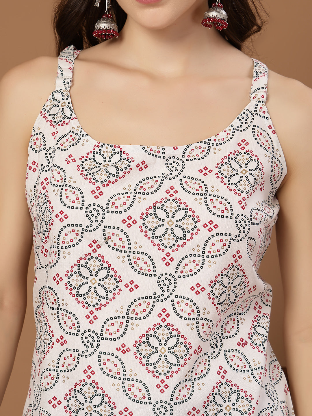 Women's White Bandhani Printed Rayon Straight Top